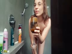 Horny slut eating her shit and drinking her piss